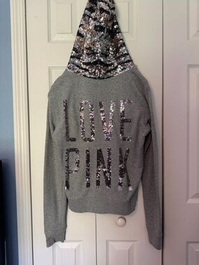 PINK Victoria's Secret Gray Hoodie with Mixed Silver and Pink Sequins